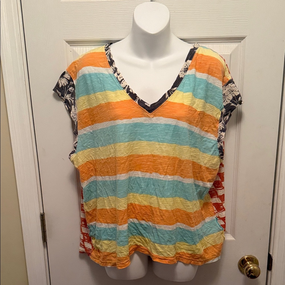 Free People Colorful Striped V-Neck Tee
